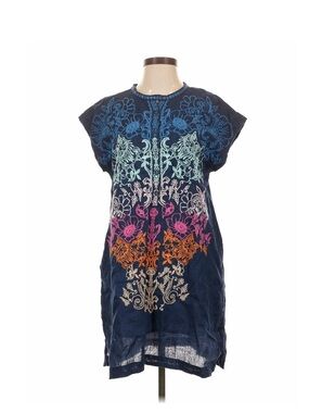 Johnny Was Navy Embroidered Shift Tunic with Multicolor Floral Motif